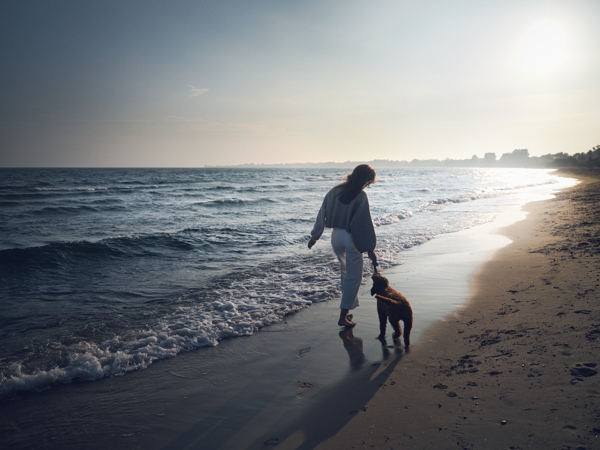 Egy nő, aki a kutyájával játszik a tengerparton