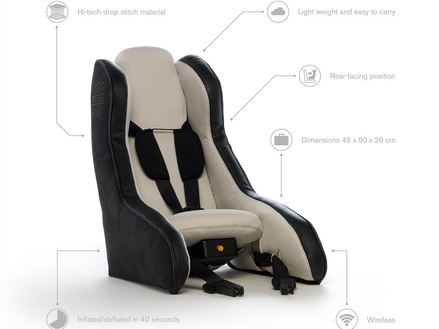 Koncepční model první nafukovací dětské bezpečnostní sedačky z dílny společnosti Volvo Cars.