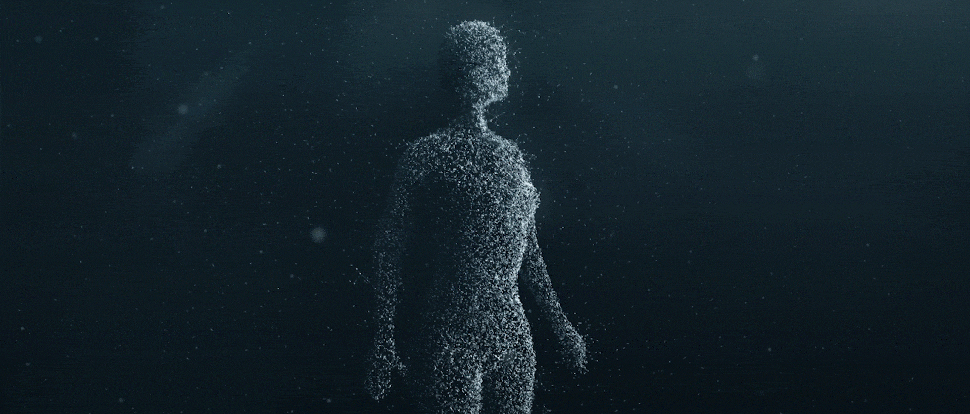 Silhouette humanoïde, petites particules légères émanant du coin supérieur droit