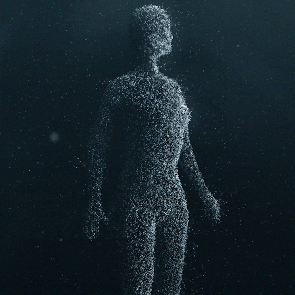 Humanoid shape, light small particles flowing from top right corner.
