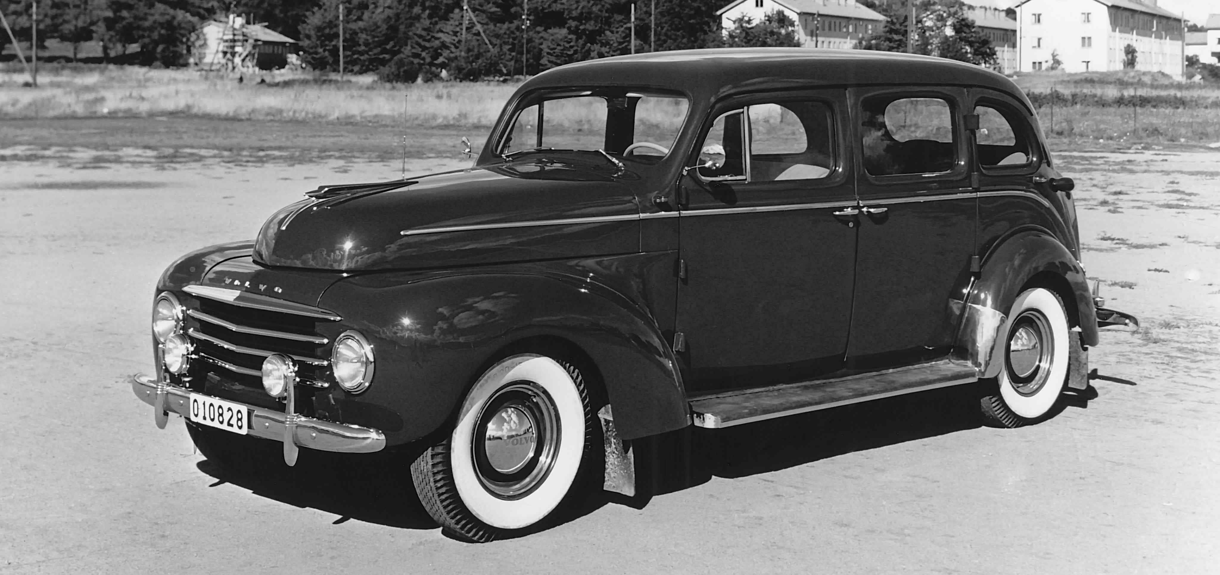 Black and white image of Volvo PV831-4 parked outside