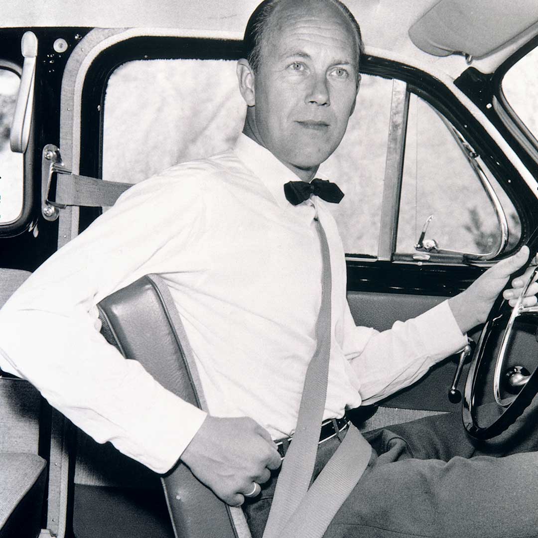Volvo Cars’ three-point safety belt in a PV544 in 1959 showcased by the inventor, Nils Bohlin.