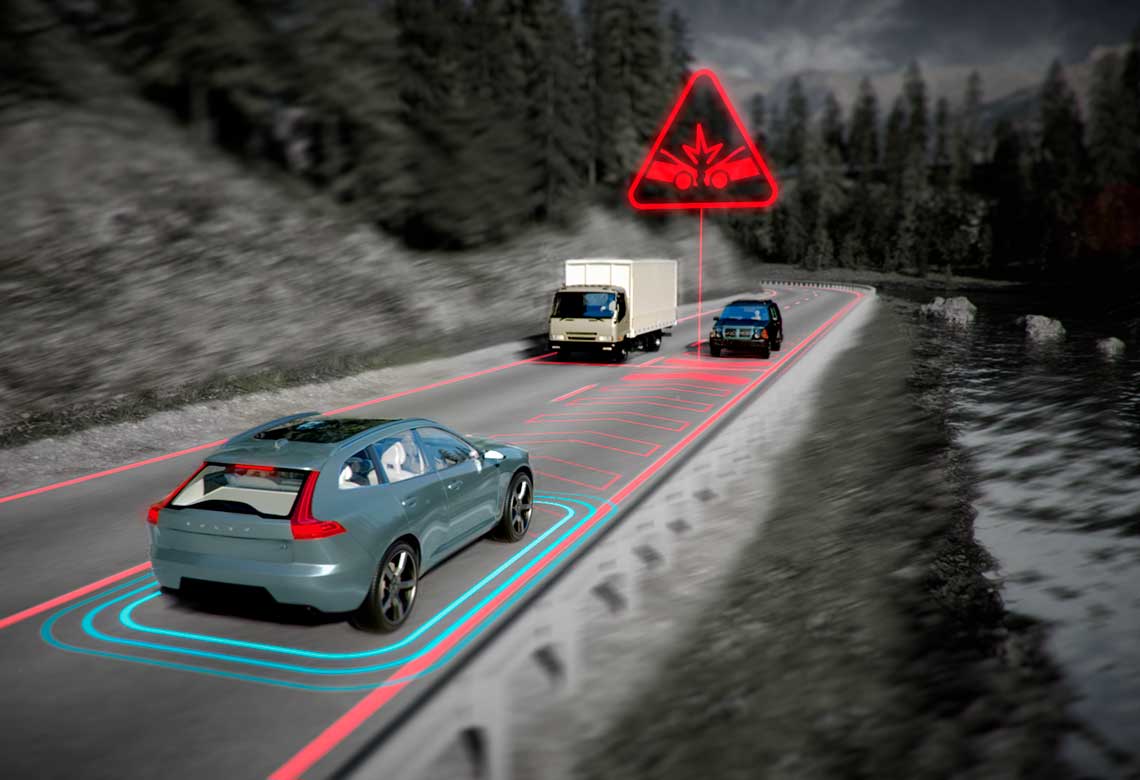 Ilustración gráfica del sistema de atenuación de colisiones con vehículos que se aproximan en sentido contrario mediante frenado de Volvo Cars.