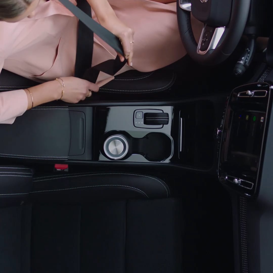 Inside a Volvo XC40 Recharge with black interior.