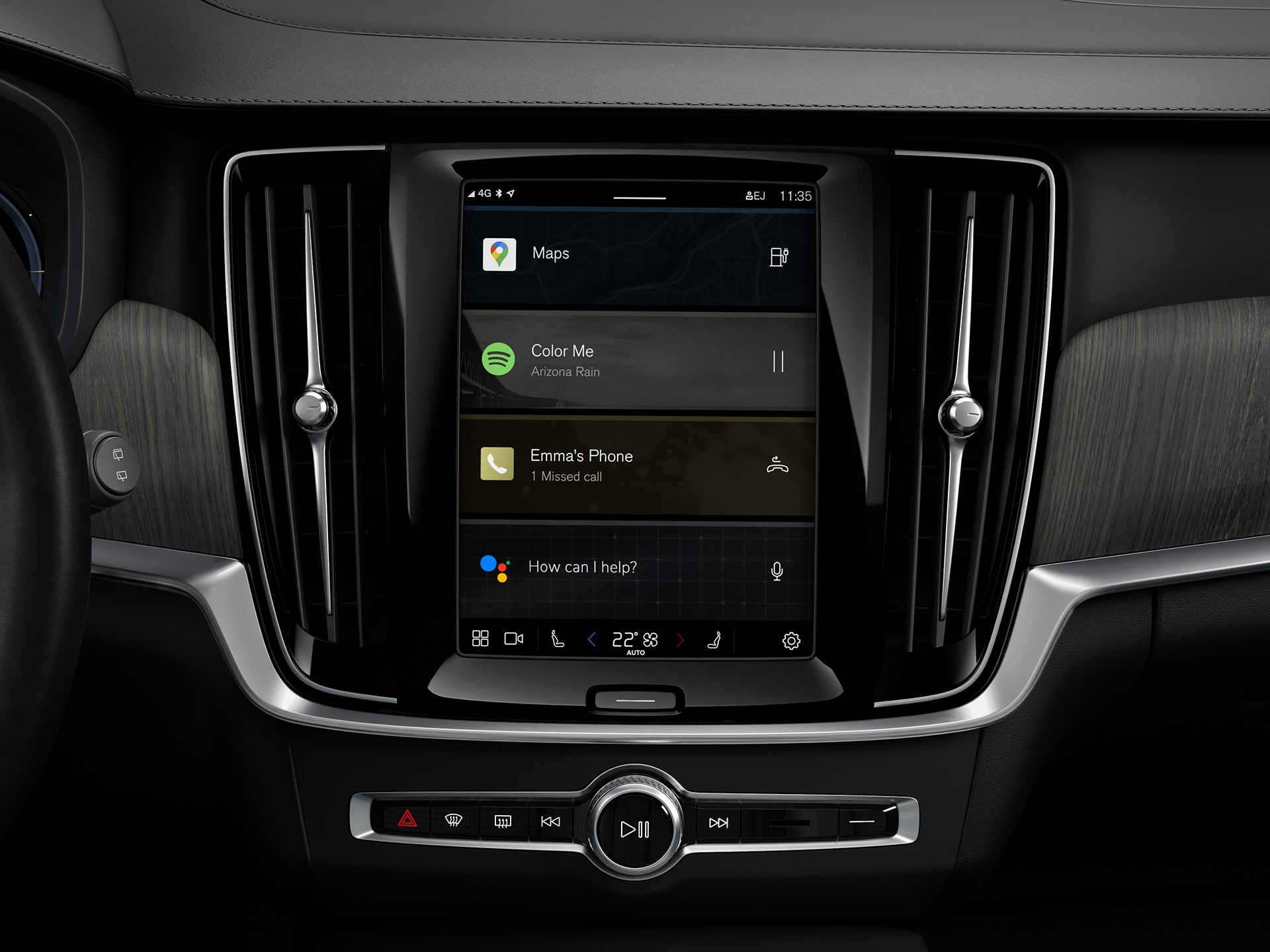 Midterkonsollen i en Volvo stationcar, der viser det indbyggede Google infotainment-system.