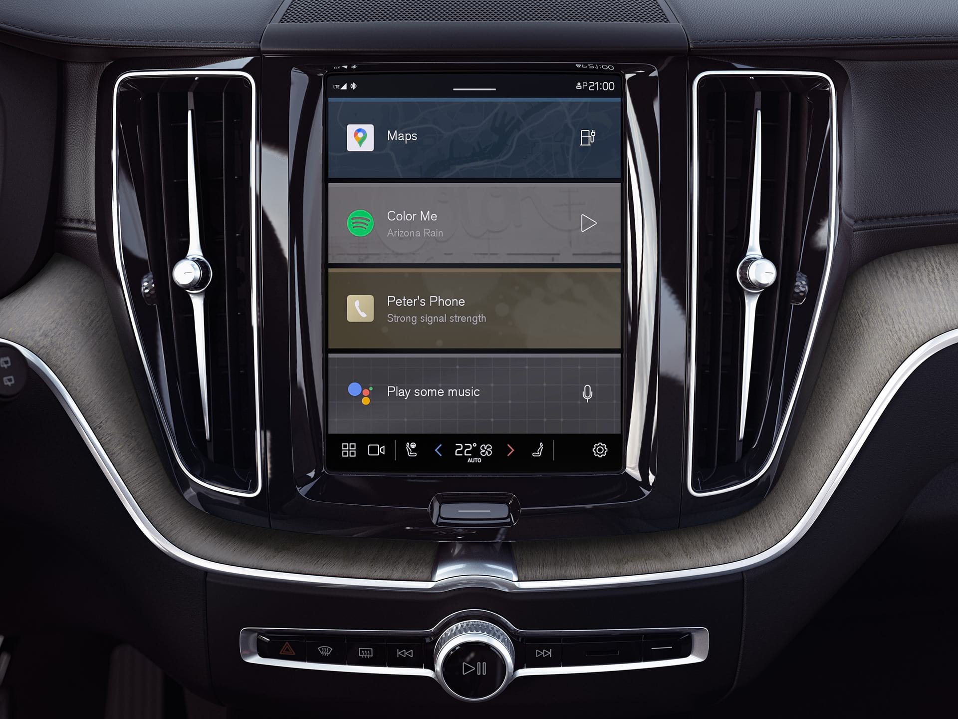 Centre console in a Volvo SUV showing the built in Google infotainment system. 