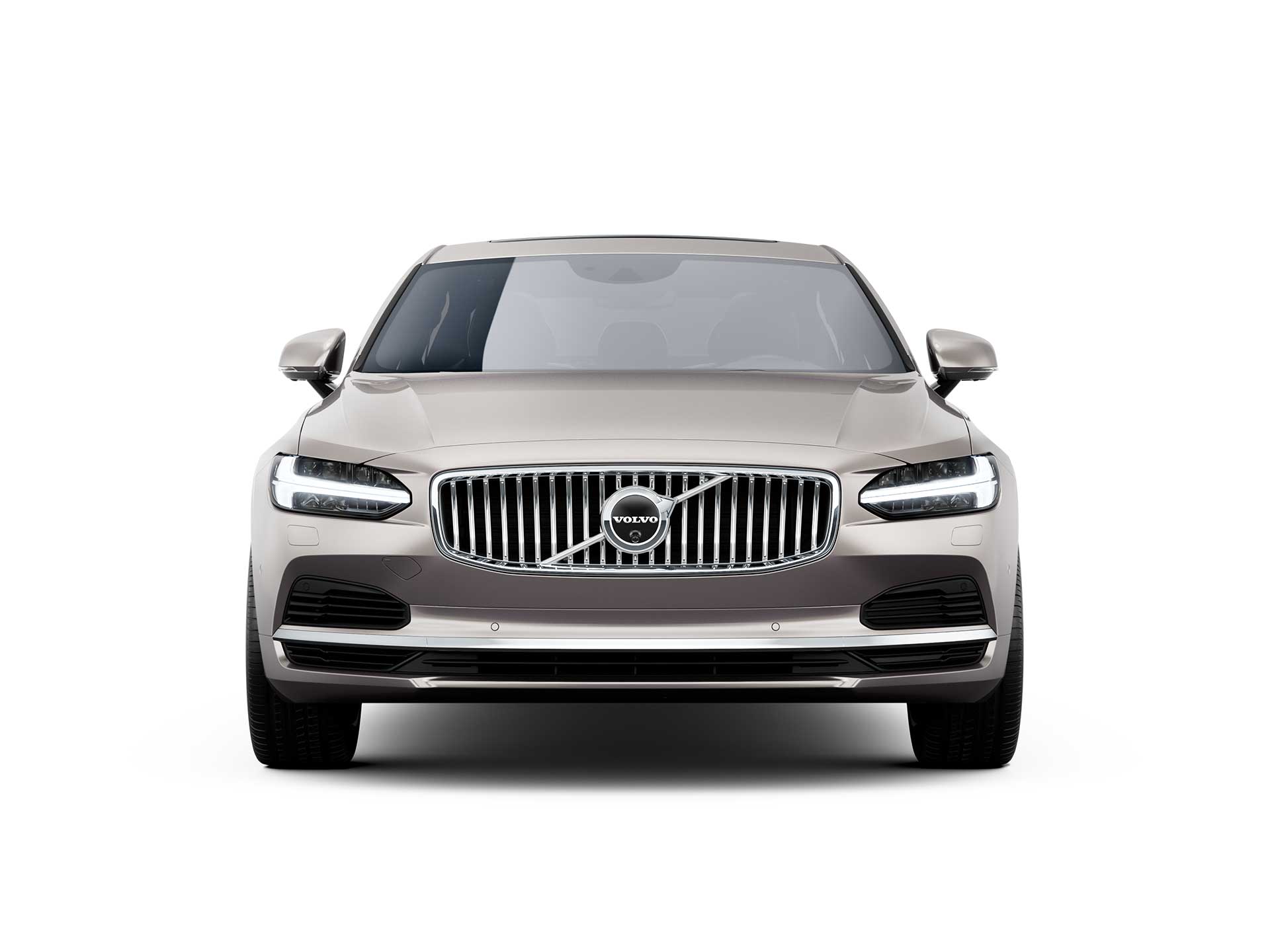 The front of a Volvo S90 Recharge plug-in hybrid sedan.