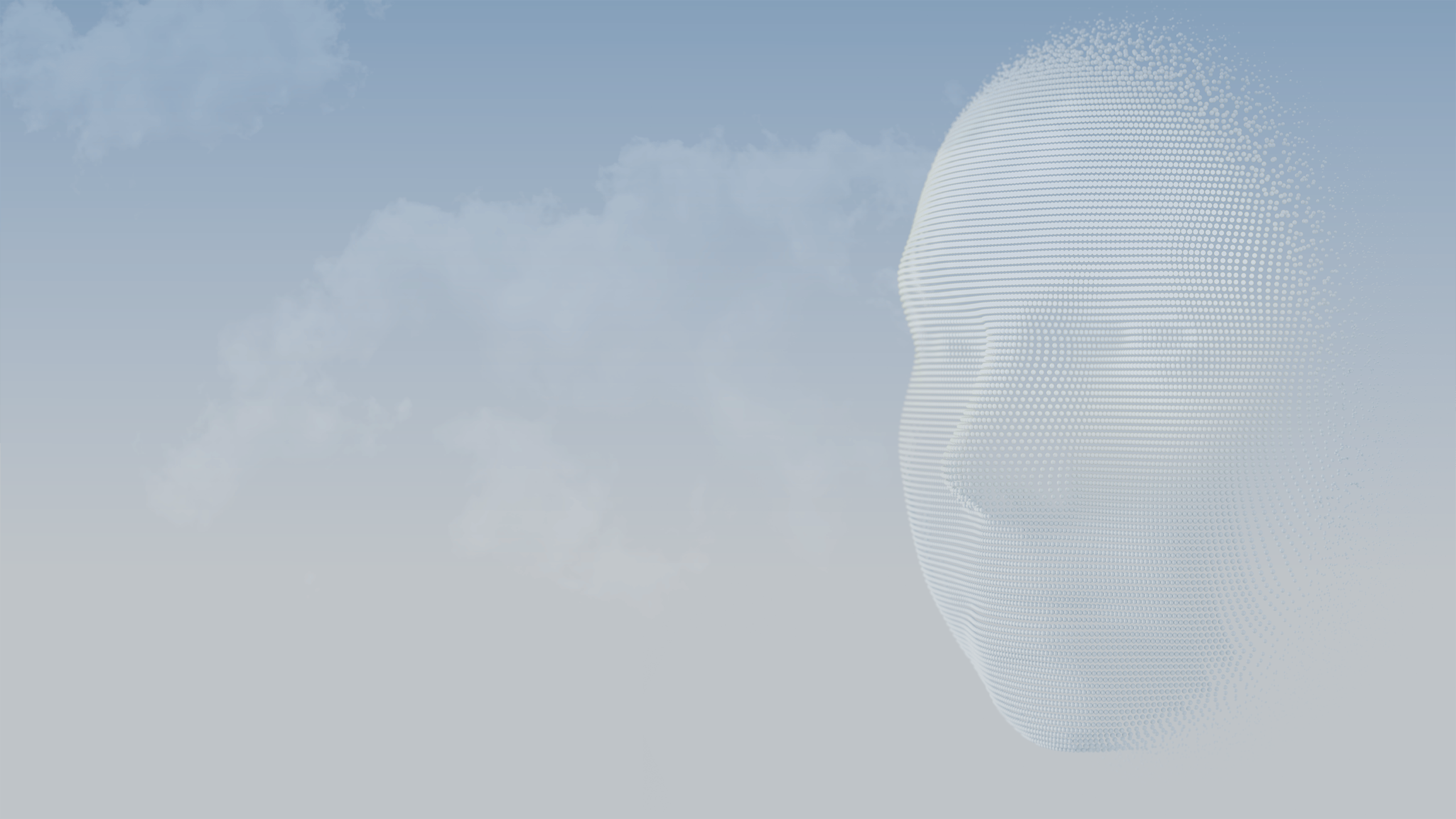 3D sfēras atveido cilvēka seju zem zilām debesīm.
