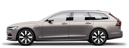 Il profilo laterale di una Volvo V90 Recharge plug-in hybrid station wagon.