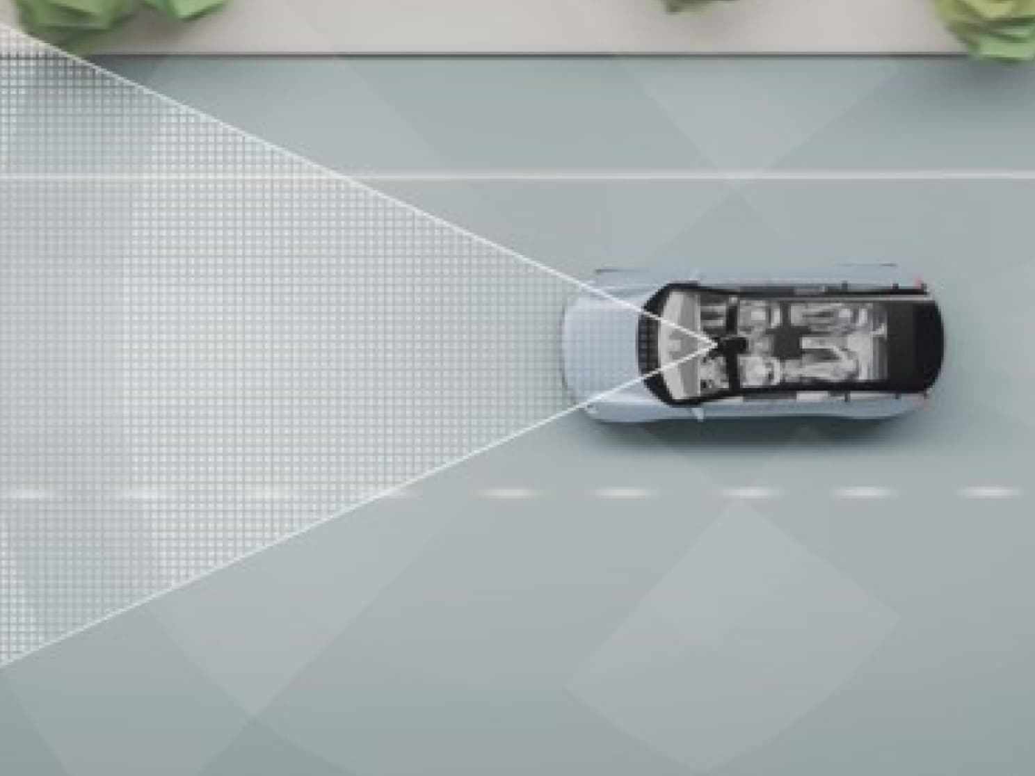 Digitalni prikaz automobila na cesti s trakama i drugim objektima.