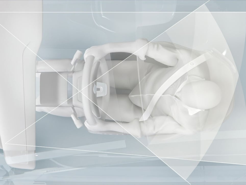 Digitale Darstellung einer Person auf dem Fahrersitz eines Autos.