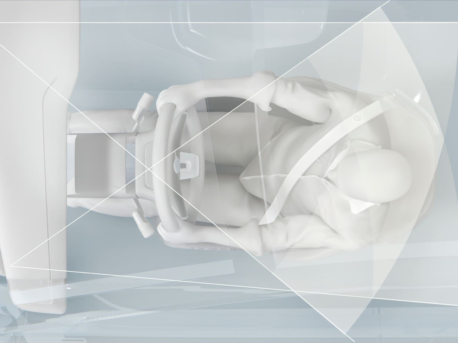A digital rendering of a person in the driver’s seat of a car.
