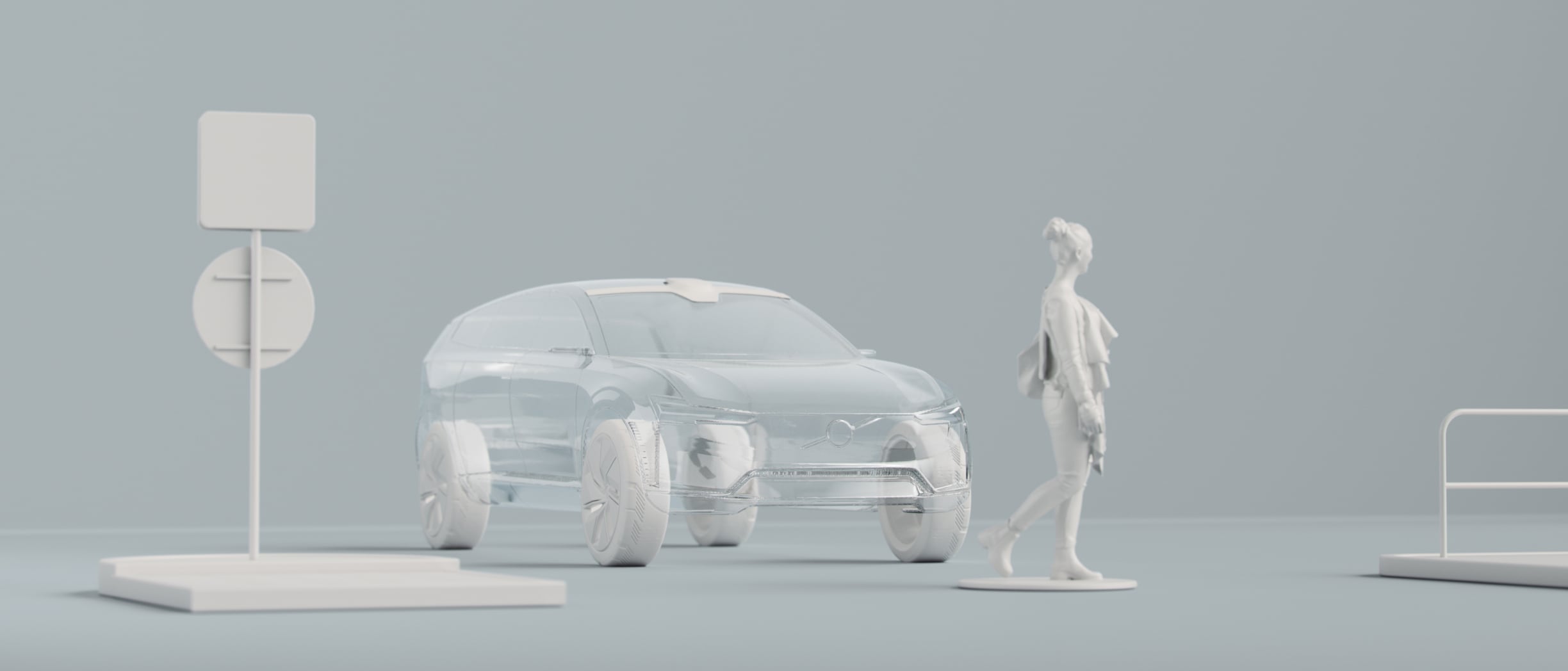 A digital rendering of a car outline, a person and other objects.