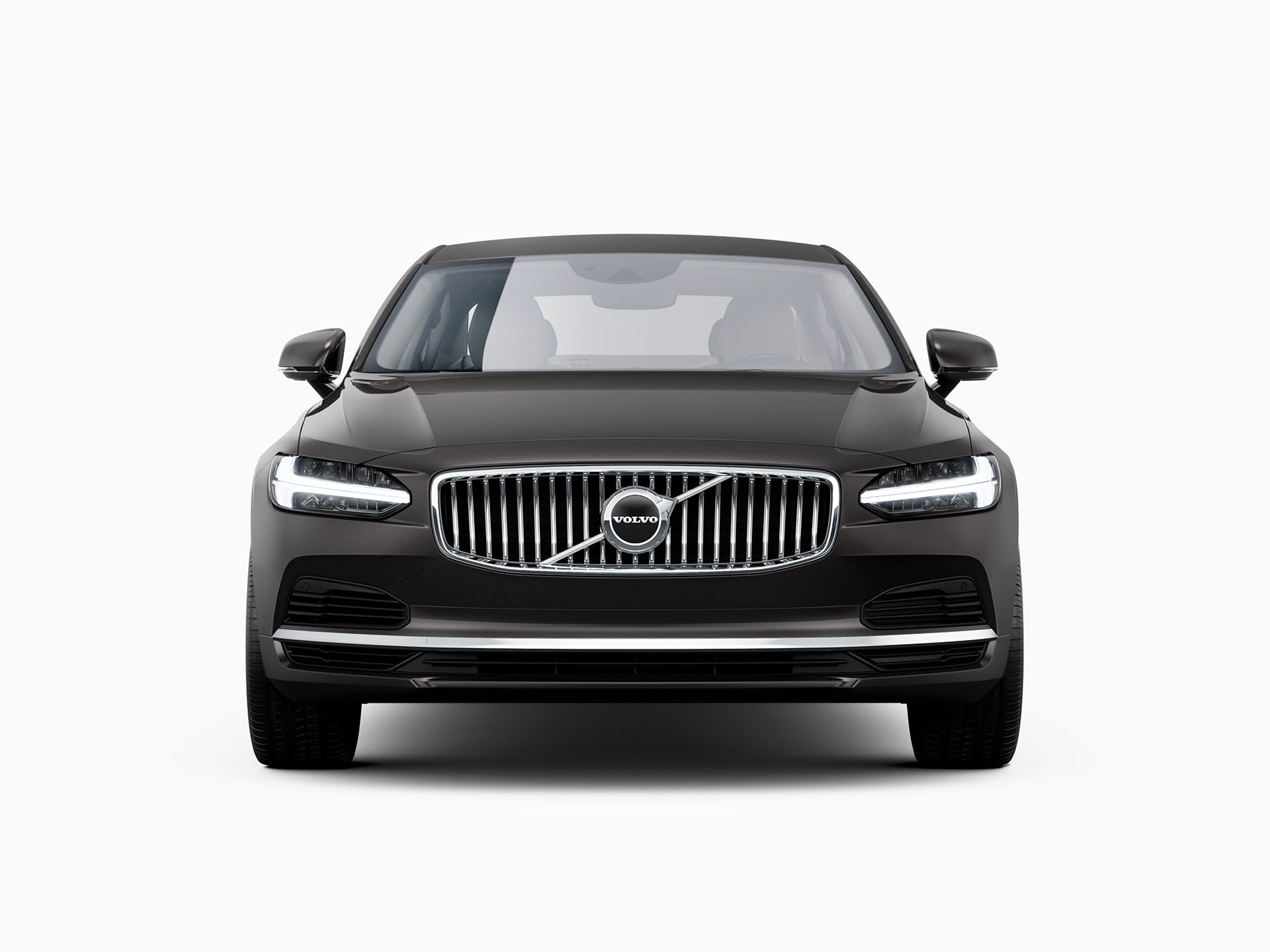 The front of a Volvo S90 Recharge plug-in hybrid sedan.
