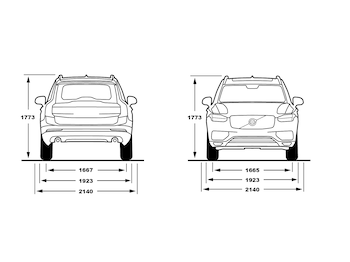 XC90 5 seats, front and rear view of dimensions.