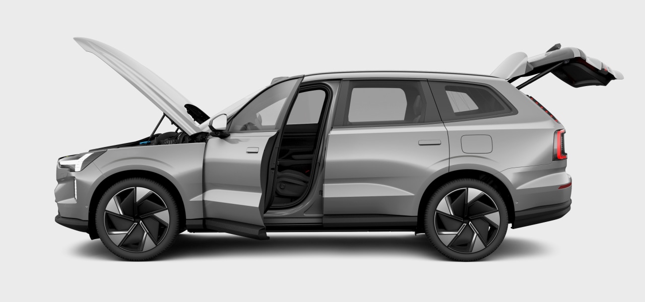 Vue latérale de la voiture mettant en évidence les principaux espaces de rangement.