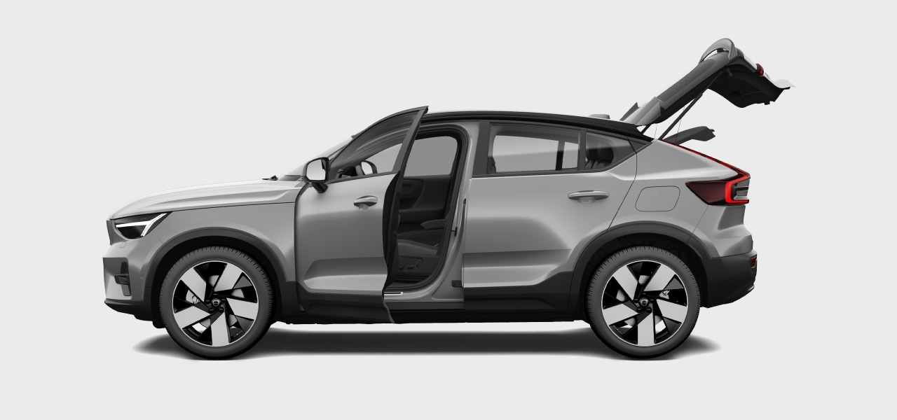 Bilen sett fra siden, med viktige oppbevaringsområder fremhevet.