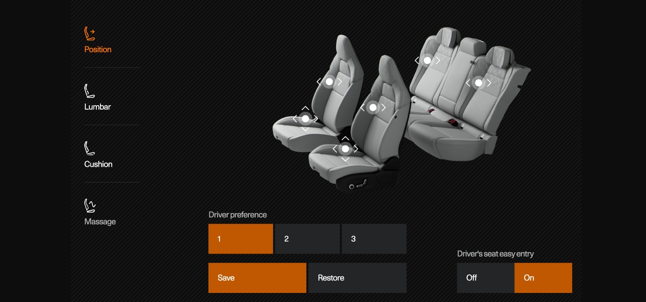 The seat adjustment view in the center display