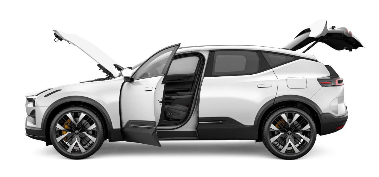 Side view of the car with bonnet, driver door and boot open.