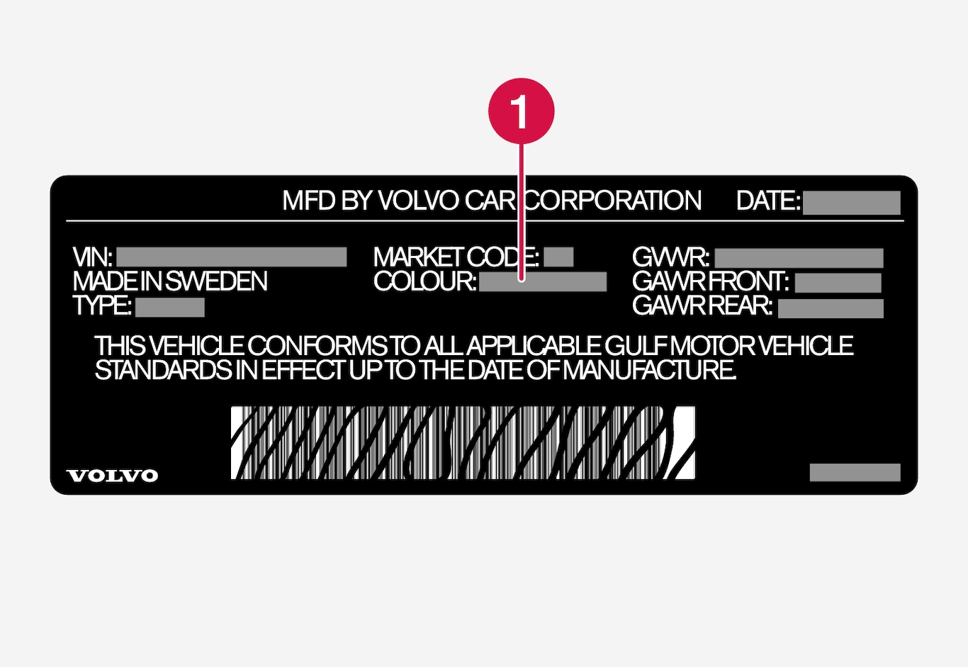 P5-1507-Saudi Arabia, VIN label with 1 annotation for color code