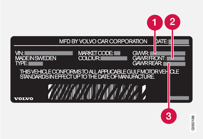 P3+P4-13w46 for Saudi Arabia, VIN label with 3 annotations for weights