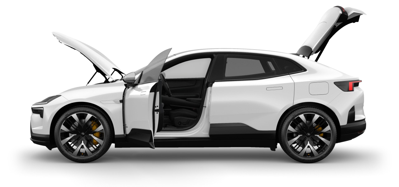 Side view of the vehicle with hood, driver door and trunk open.
