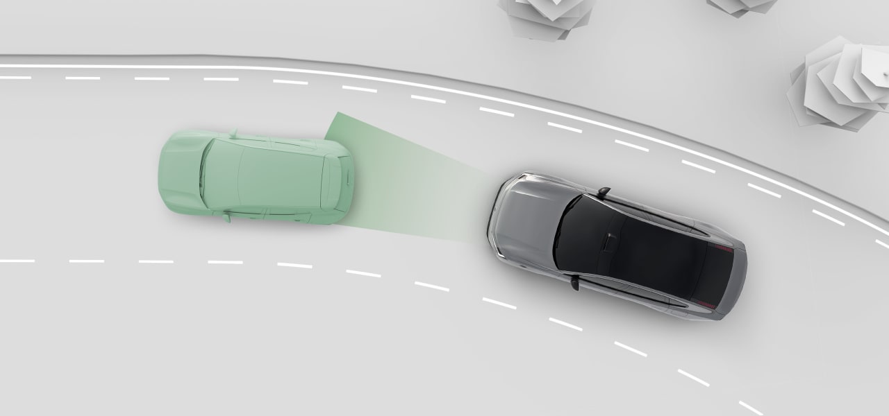 Two cars on a road from above