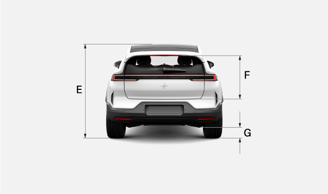 Vehicle, rear view with dimensions