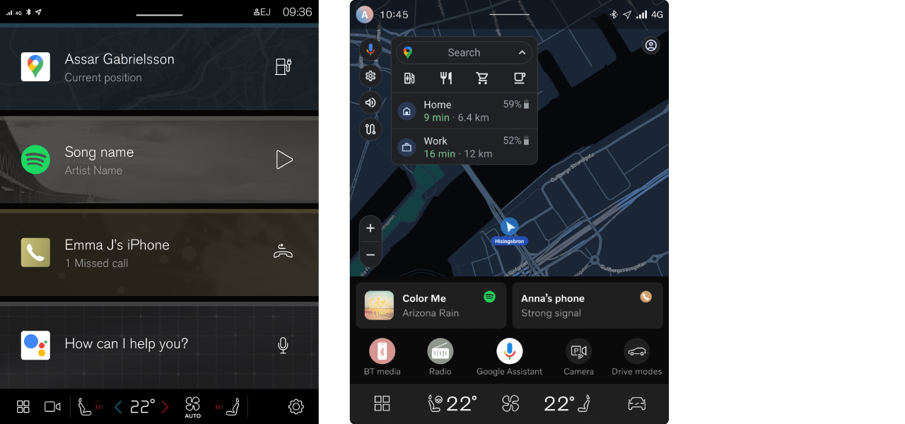 Interfaz de usuario de la pantalla central antes (izquierda) y después (derecha) de la actualización de Volvo Car UX