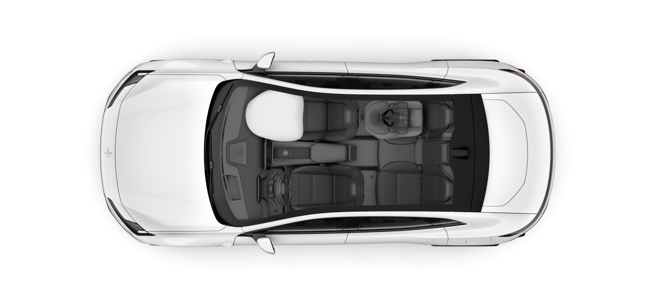 Vista dall'alto dell'interno dell'auto con un airbag attivato e un sistema di protezione per bambini sul sedile posteriore.