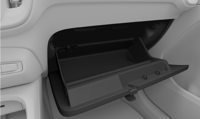 Opened glove box with fold-out hook